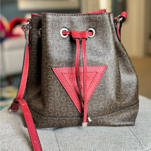 Guess Brown and Red Shoulder Bag with Monogram Print - Picture 1 of 3